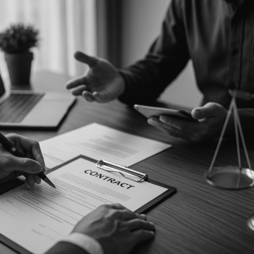 Grayscale image of professionals reviewing a contract at a desk with justice scales and a gavel, illustrating the 5 legal considerations when hiring freelancers.