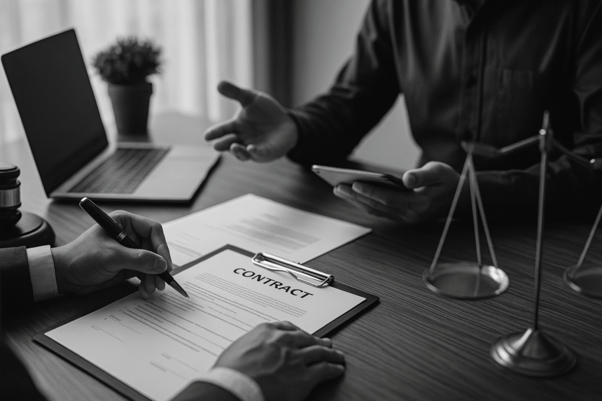 Grayscale image of professionals reviewing a contract at a desk with justice scales and a gavel, illustrating the 5 legal considerations when hiring freelancers.