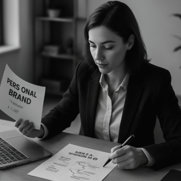 A grayscale image showing a professional refining their personal brand as a consultant at their desk.