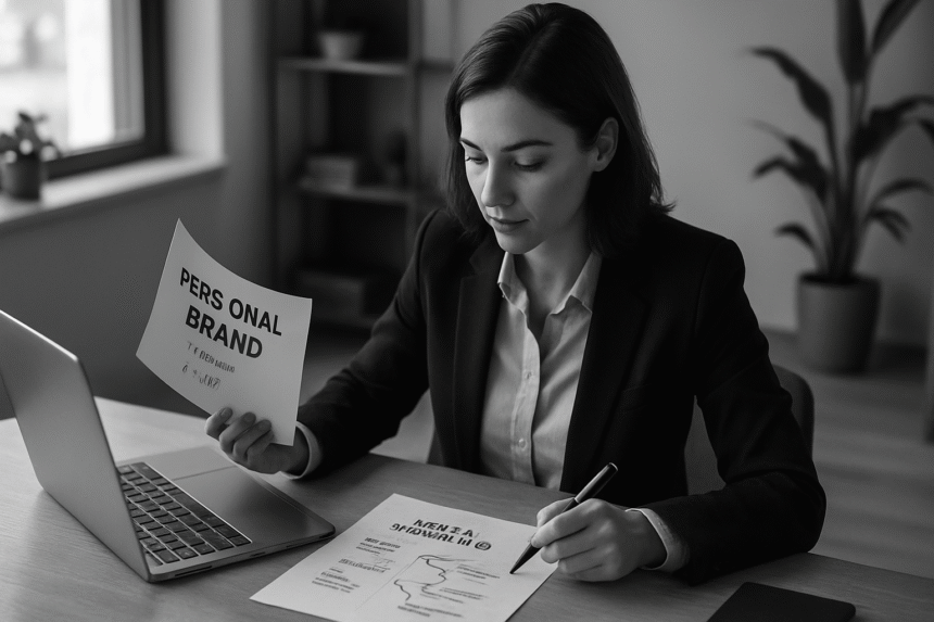 A grayscale image showing a professional refining their personal brand as a consultant at their desk.