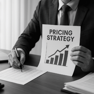 Grayscale image of a business professional reviewing a pricing strategy report at a desk, illustrating the importance of avoiding the 7 mistakes to avoid when setting your pricing.