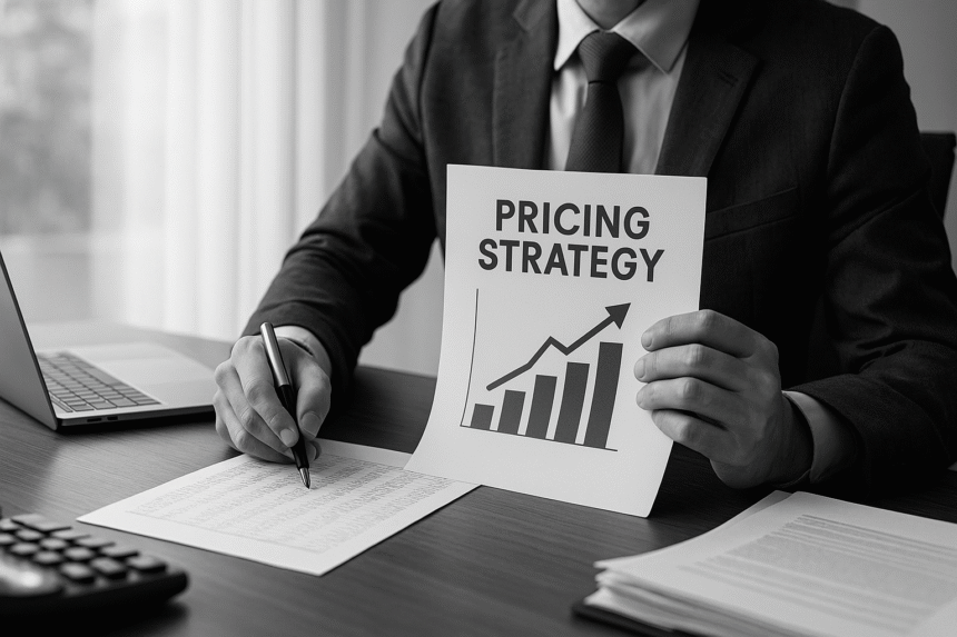 Grayscale image of a business professional reviewing a pricing strategy report at a desk, illustrating the importance of avoiding the 7 mistakes to avoid when setting your pricing.