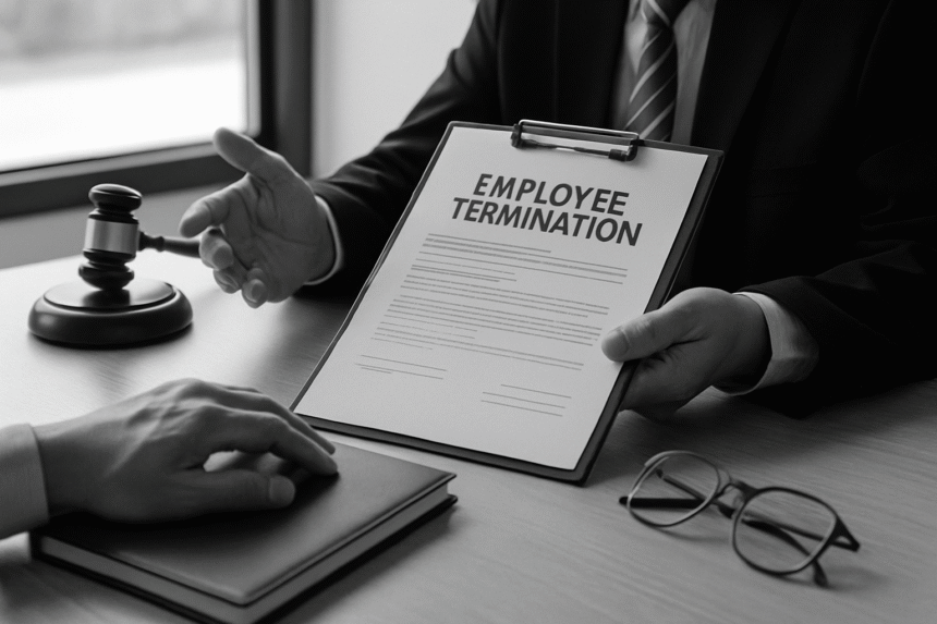 Professional termination meeting representing common employer termination mistakes in workplace dismissals