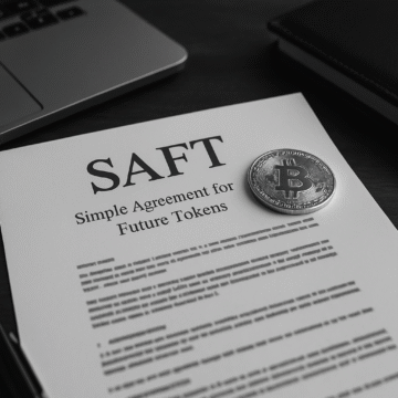 Realistic grayscale photo of two people signing a SAFT template for crypto token fundraising, illustrating blockchain legal compliance.