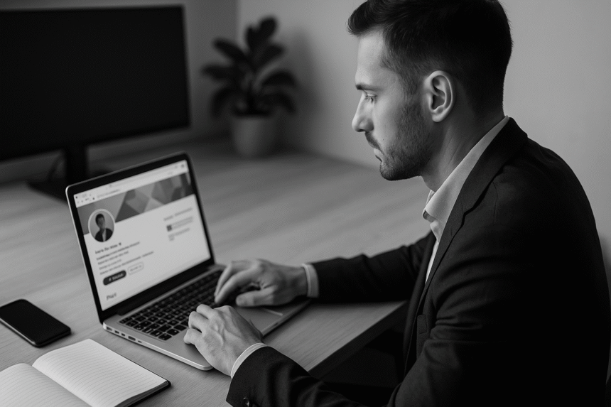 Grayscale image of a business professional using a laptop in a modern workspace, symbolizing LinkedIn strategy and organic client acquisition.