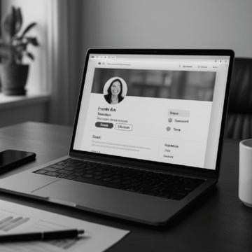 A grayscale photograph of a laptop on a clean desk setup, symbolizing the creation of a professional online presence.