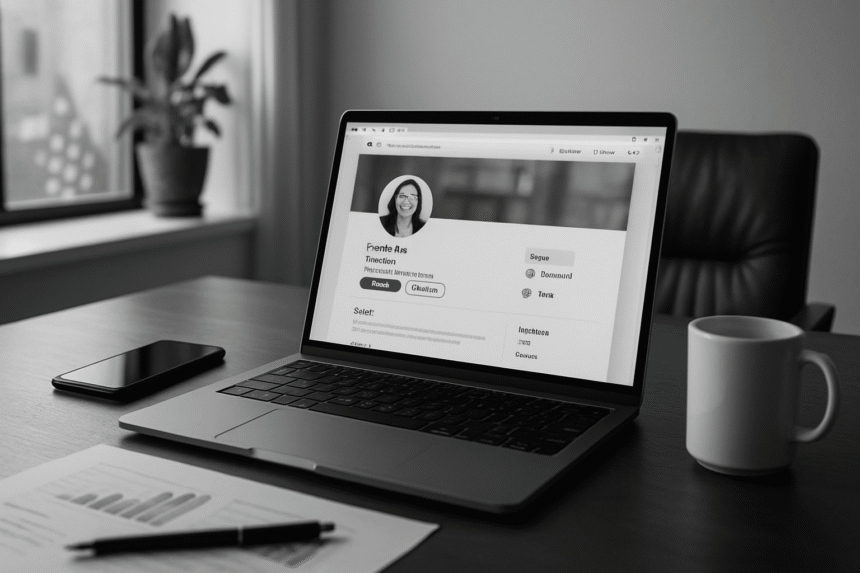 A grayscale photograph of a laptop on a clean desk setup, symbolizing the creation of a professional online presence.