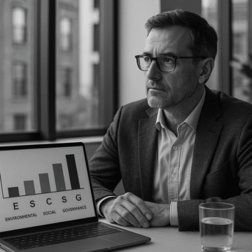 Grayscale photograph of a middle-aged CFO in a modern office, thoughtfully seated beside a laptop displaying an ESG bar chart.