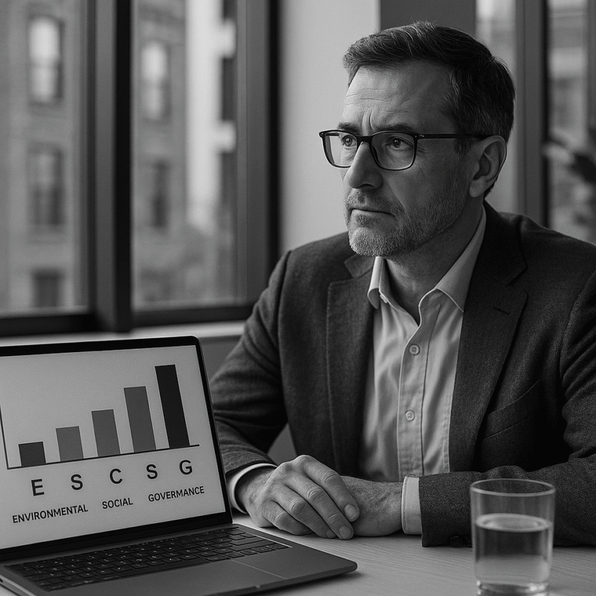 Grayscale photograph of a middle-aged CFO in a modern office, thoughtfully seated beside a laptop displaying an ESG bar chart.