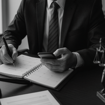 Solo lawyer organizing schedule in a planner and phone, showing effective calendar management tips for solo lawyers.