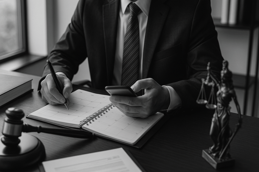 Solo lawyer organizing schedule in a planner and phone, showing effective calendar management tips for solo lawyers.