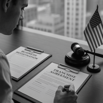 Business owner reviews franchise agreement and registration form—theme: franchise my business without registering.