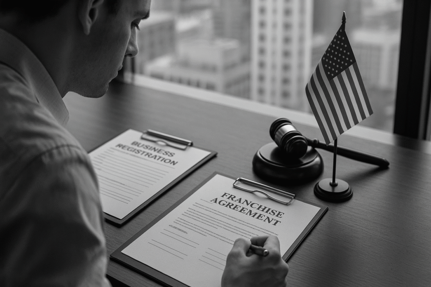 Business owner reviews franchise agreement and registration form—theme: franchise my business without registering.