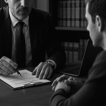 Client and lawyer reviewing a contract in a legal office, visually reinforcing the message that legal templates are tools not legal advice.
