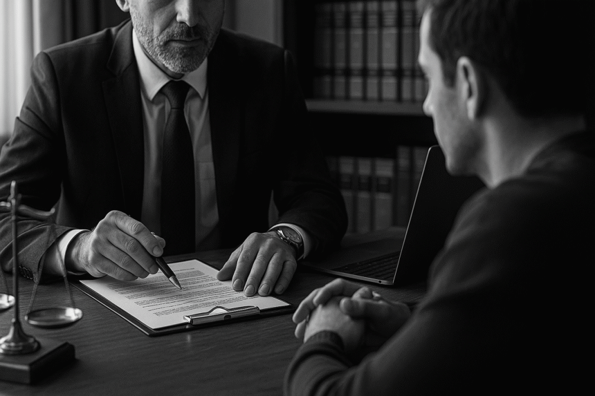 Client and lawyer reviewing a contract in a legal office, visually reinforcing the message that legal templates are tools not legal advice.