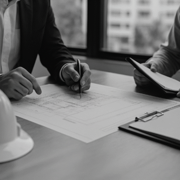 Professionals reviewing delay compensation case documents and schedules during a construction claim preparation meeting.