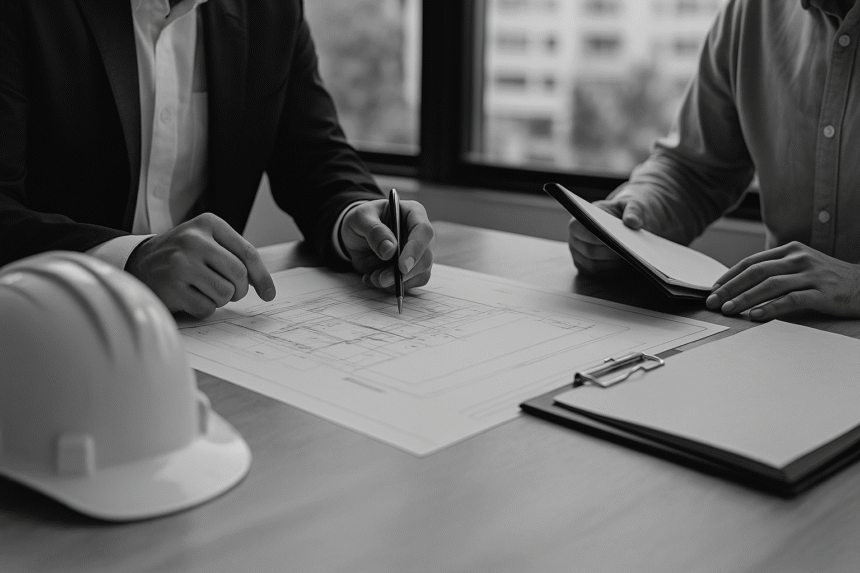 Professionals reviewing delay compensation case documents and schedules during a construction claim preparation meeting.