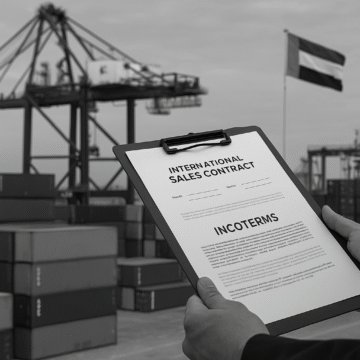 Grayscale photograph showing a busy shipping yard illustrating Incoterm responsibilities and international trade logistics.