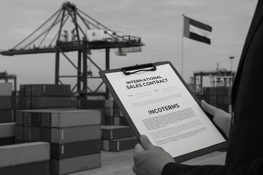 Grayscale photograph showing a busy shipping yard illustrating Incoterm responsibilities and international trade logistics.