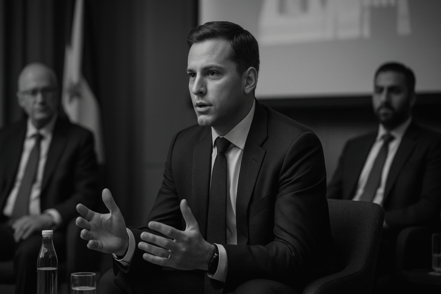 Jonathan P. Koshko speaks during a panel on cross-border M&A, seated alongside fellow experts, with a national flag and presentation screen visible in the background.