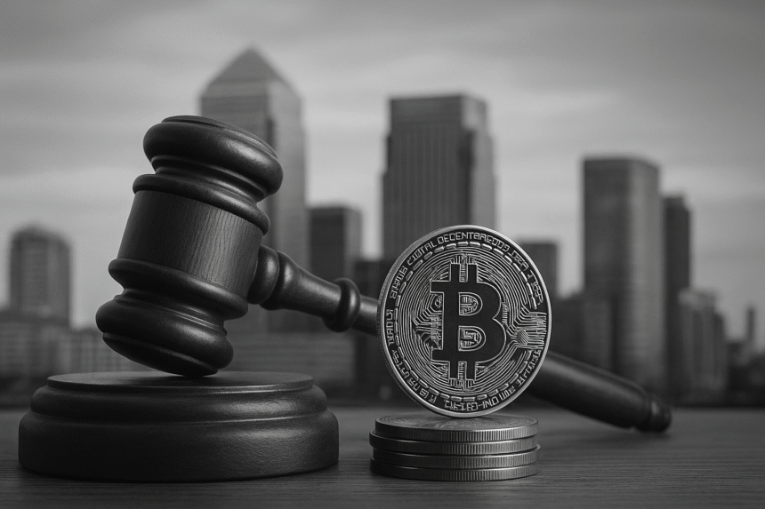 Bitcoin and gavel symbolizing legal debate on whether global crypto regulation help or hurt innovation across international markets