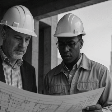 Two construction professionals in hard hats reviewing architectural plans during a building's defects liability period, symbolizing contractor accountability.