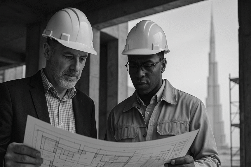 Two construction professionals in hard hats reviewing architectural plans during a building's defects liability period, symbolizing contractor accountability.