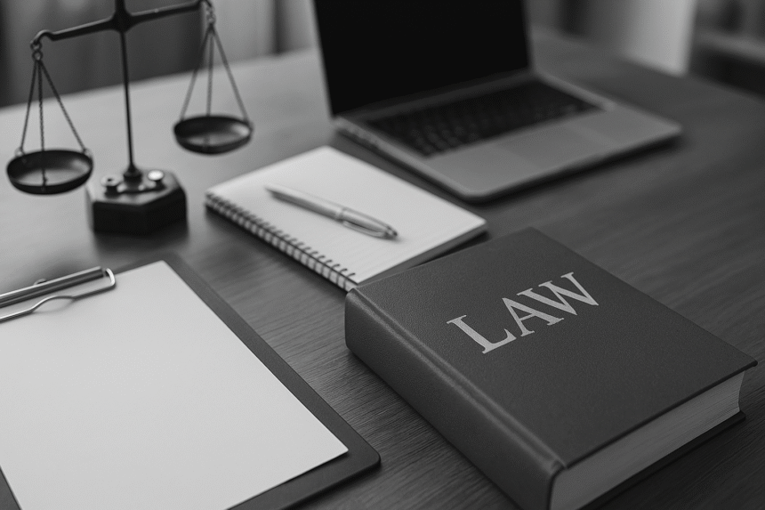 A lawyer’s desk with scales of justice, notebook, law book, and laptop—visually representing what counts as a legal resource and the distinction from legal advice in professional settings.