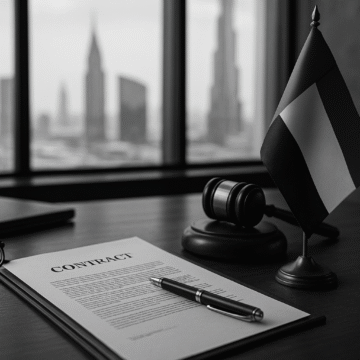 Grayscale image of a crypto wallet agreement draft beside a pen, gavel, and UAE flag on a desk, with Dubai skyline in background.