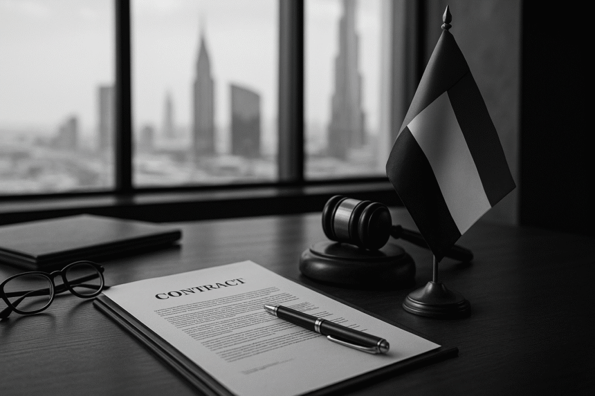 Grayscale image of a crypto wallet agreement draft beside a pen, gavel, and UAE flag on a desk, with Dubai skyline in background.