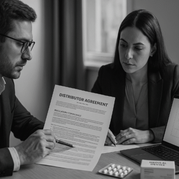 A black and white photograph captures two professionals reviewing a compliant distributor agreement for medical devices, with a laptop displaying a product diagram and packaging on the table.