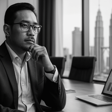 A grayscale photo of a Southeast Asian executive in a modern boardroom, seated beside a laptop showing ESG performance charts, with the Petronas Towers visible in the background through floor-to-ceiling windows.