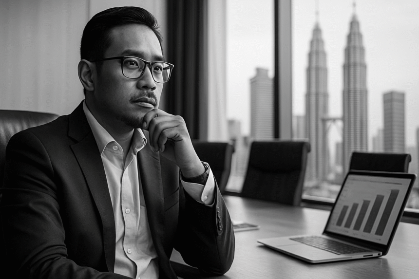 A grayscale photo of a Southeast Asian executive in a modern boardroom, seated beside a laptop showing ESG performance charts, with the Petronas Towers visible in the background through floor-to-ceiling windows.
