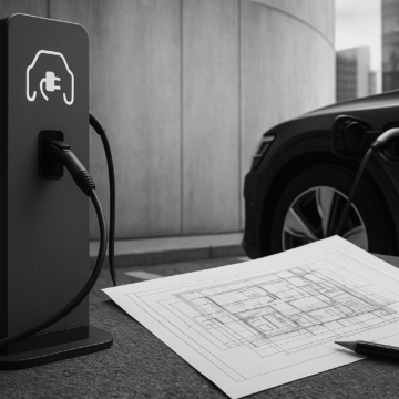 Grayscale image of an EV charging station under construction, representing EV infrastructure disputes and contract challenges in project deployment.