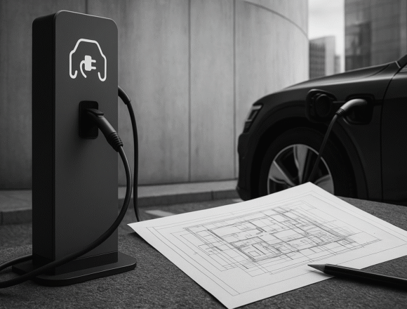 EV Infrastructure Legal Disputes – Grayscale Photo Grayscale image of an EV charging station under construction, representing EV infrastructure disputes and contract challenges in project deployment.
