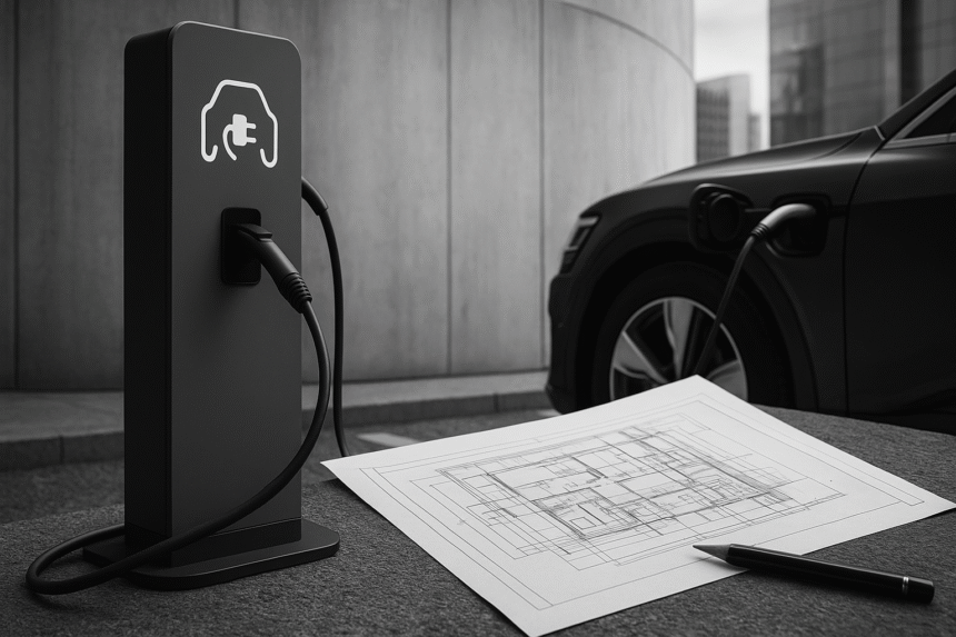 Grayscale image of an EV charging station under construction, representing EV infrastructure disputes and contract challenges in project deployment.
