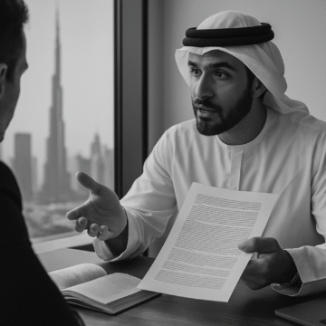 Legal advisor uses storytelling in legal communication to explain complex contract terms in a Dubai office.