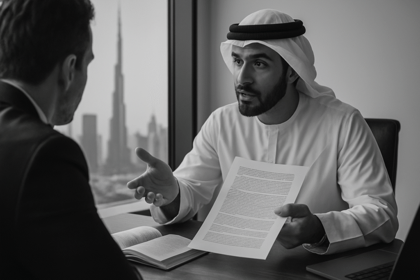 Legal advisor uses storytelling in legal communication to explain complex contract terms in a Dubai office.