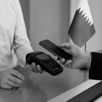 A consumer makes a mobile payment in front of a Qatari flag, symbolizing Sharia-compliant BNPL fintech inclusion.