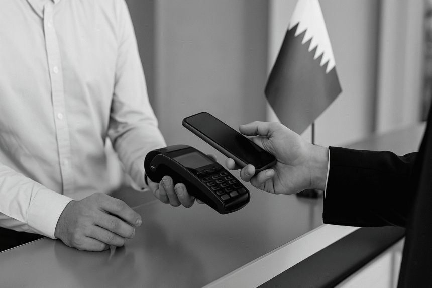 A consumer makes a mobile payment in front of a Qatari flag, symbolizing Sharia-compliant BNPL fintech inclusion.