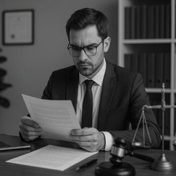 A grayscale image of a lawyer reviewing documents at his desk with justice scales, symbolizing expertise in a legal niche practice.