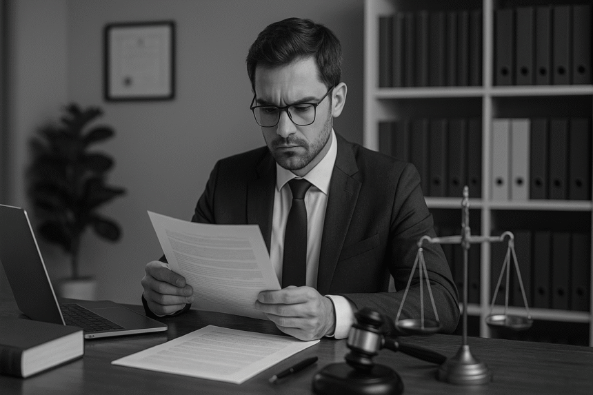 A grayscale image of a lawyer reviewing documents at his desk with justice scales, symbolizing expertise in a legal niche practice.