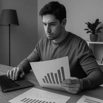 Freelancer analyzing charts at a home desk, illustrating the concept that freelancers need to think like business owners.