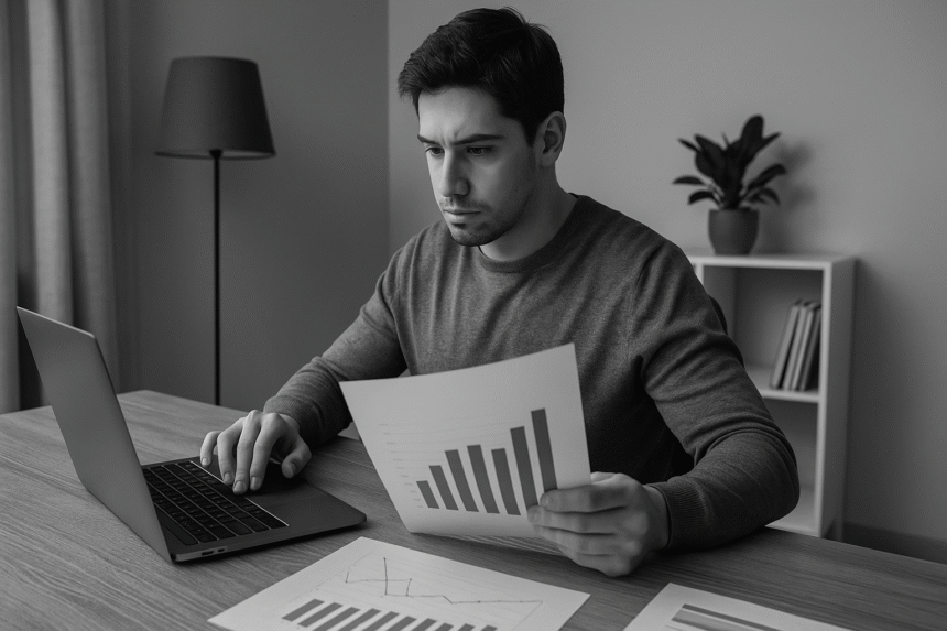 Freelancer analyzing charts at a home desk, illustrating the concept that freelancers need to think like business owners.