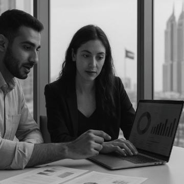 Grayscale photo of a startup founder receiving AI mentorship in a modern workspace, symbolizing Google Cloud's accelerator support in MENA