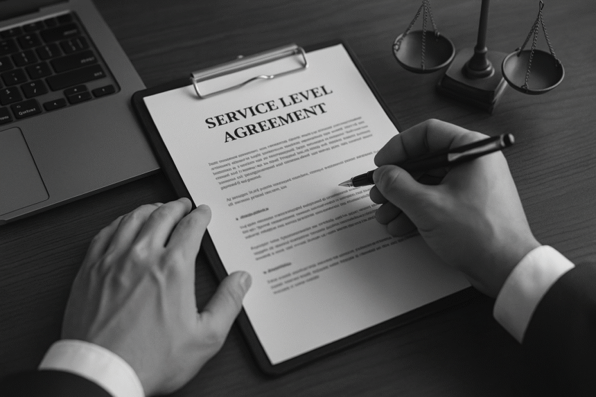 A business team reviewing a printed service level agreement contract, symbolizing a professional Service Level Agreement in action.