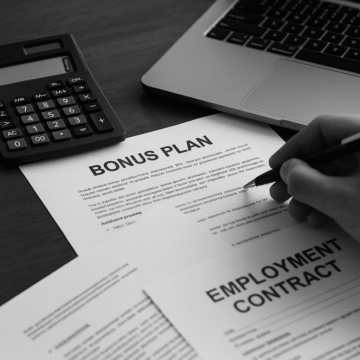 A professional grayscale photo of a desk with documents and contracts representing the legal risks of poorly drafted bonus plans drafting.