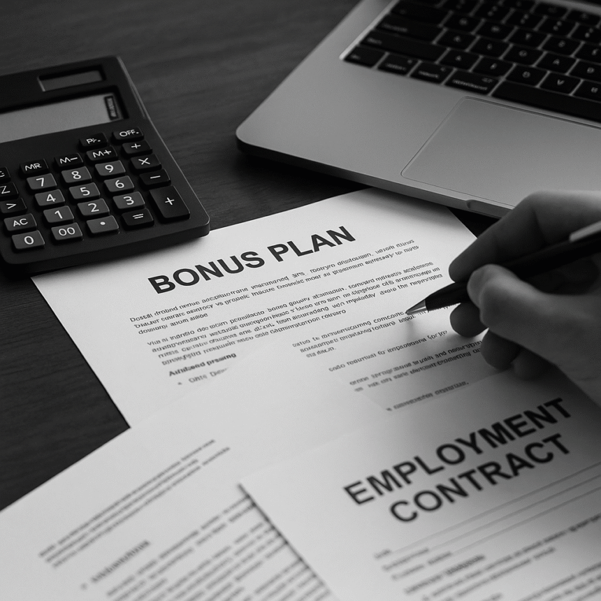 A professional grayscale photo of a desk with documents and contracts representing the legal risks of poorly drafted bonus plans drafting.