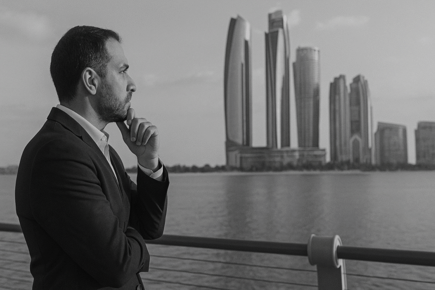 A grayscale image of a man in a suit gazing at the Abu Dhabi skyline, reflecting on the rising Abu Dhabi energy demand.