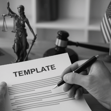 Grayscale image of a professional reviewing a document labeled “TEMPLATE” beside a laptop and justice-themed props—symbolizing how templates helped our clients move faster.